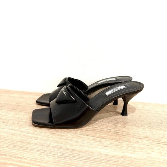 Prada Triangle Logo Patent Leather Flared Heel Mules Black Women's Size EU 37.5 - Picture 2 of 7